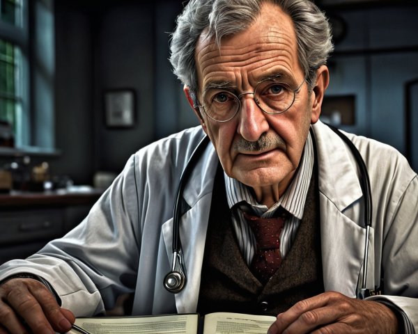 Elderly Doctor Studying in Dimly Lit Medical Room