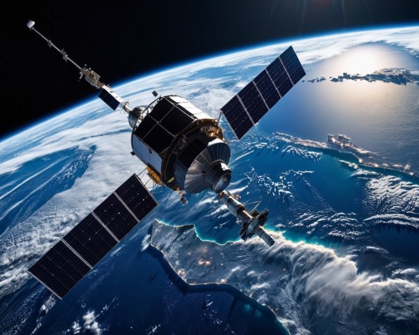 Futuristic Satellite Orbiting Earth with Vibrant Landscape