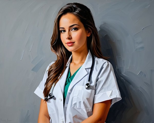 Young woman in lab coat with stethoscope and calm demeanor