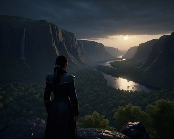 Lone Figure Overlooking Valley at Sunset with Mountains
