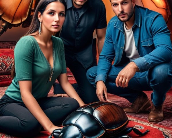 Three Individuals Posing in Dimly Lit Room with Insects