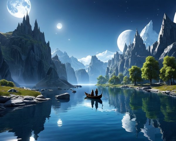 Tranquil River Landscape with Mountains and Moons