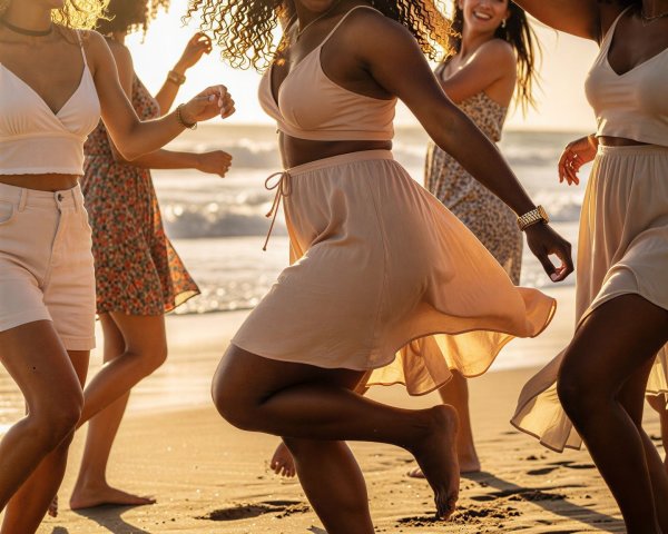Diverse Women Dancing Barefoot on Beach at Sunset