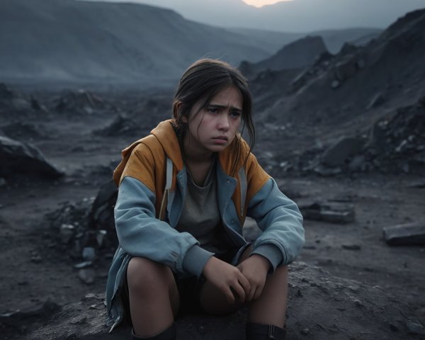 Young girl in colorful hoodie on rocky, desolate terrain
