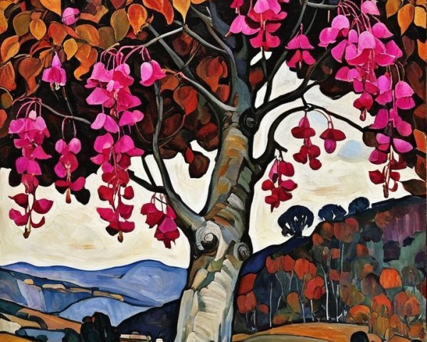 Vibrant Autumn Landscape with Pink Flowering Tree