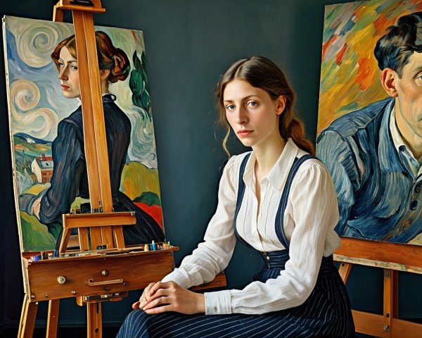 Young woman in artist's studio with vibrant paintings