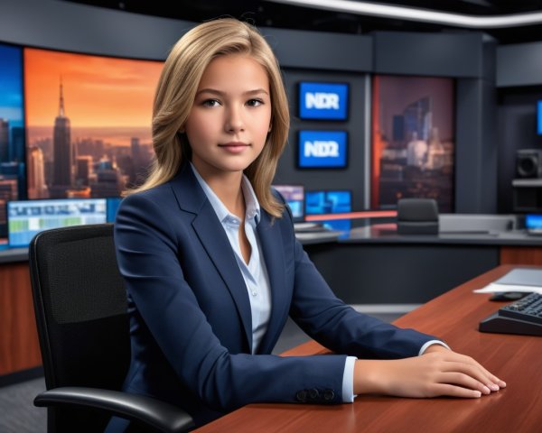 Young Woman at News Desk in Modern Studio Setting