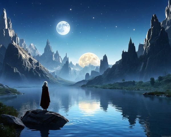 Twilight Landscape with Mountains and Two Moons