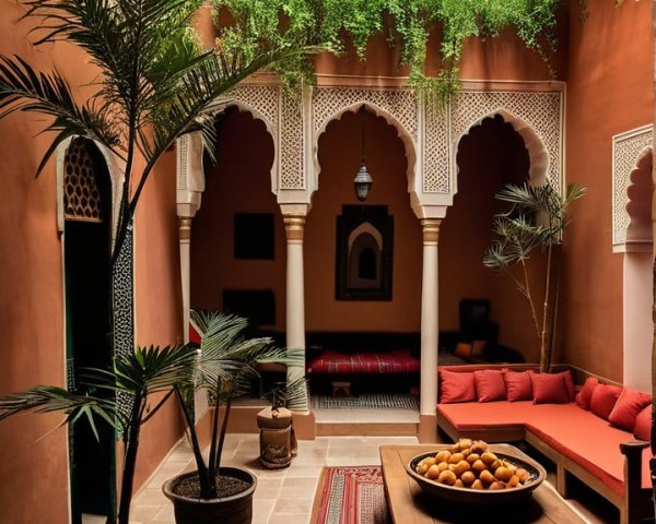 Serene courtyard with terracotta walls and arches