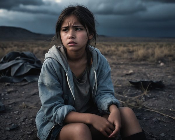 Young girl in barren landscape with storm clouds