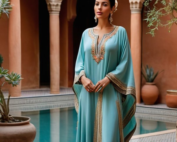 Elegant Woman in Turquoise Kaftan in Serene Courtyard