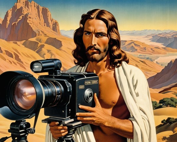 Man with Camera in Desert Landscape with Dramatic Sky