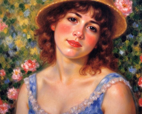 Young woman in blue dress with straw hat and roses