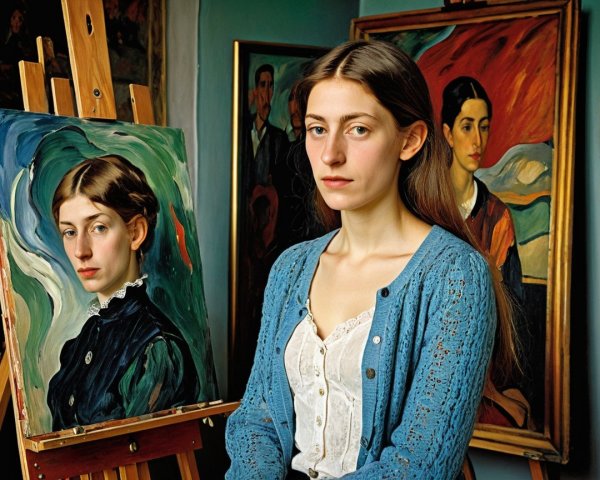 Young Woman Contemplating Portrait in Vibrant Studio
