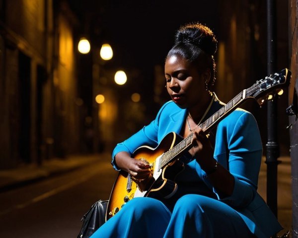 Woman in blue dress playing guitar on dim street