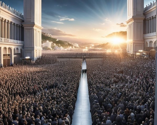 Crowd Assembles Under Majestic Archway at Sunrise