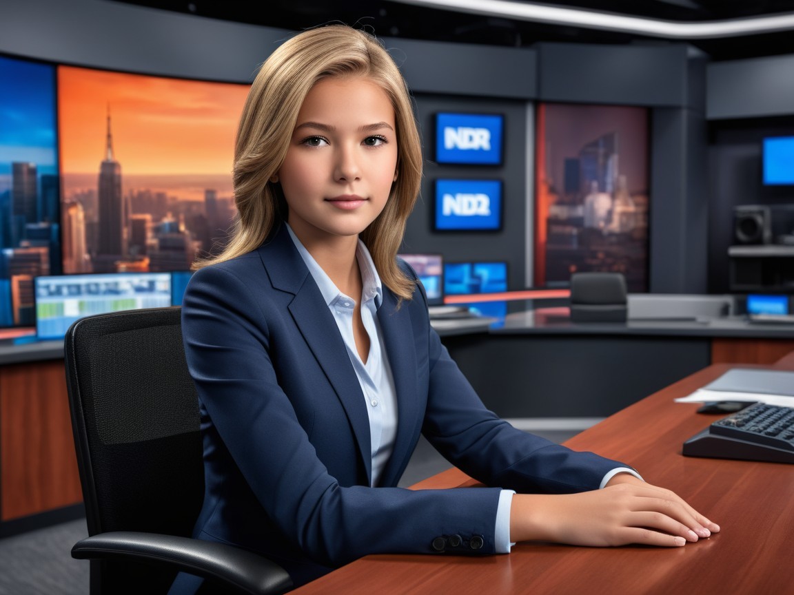 Young Woman at News Desk in Modern Studio Setting