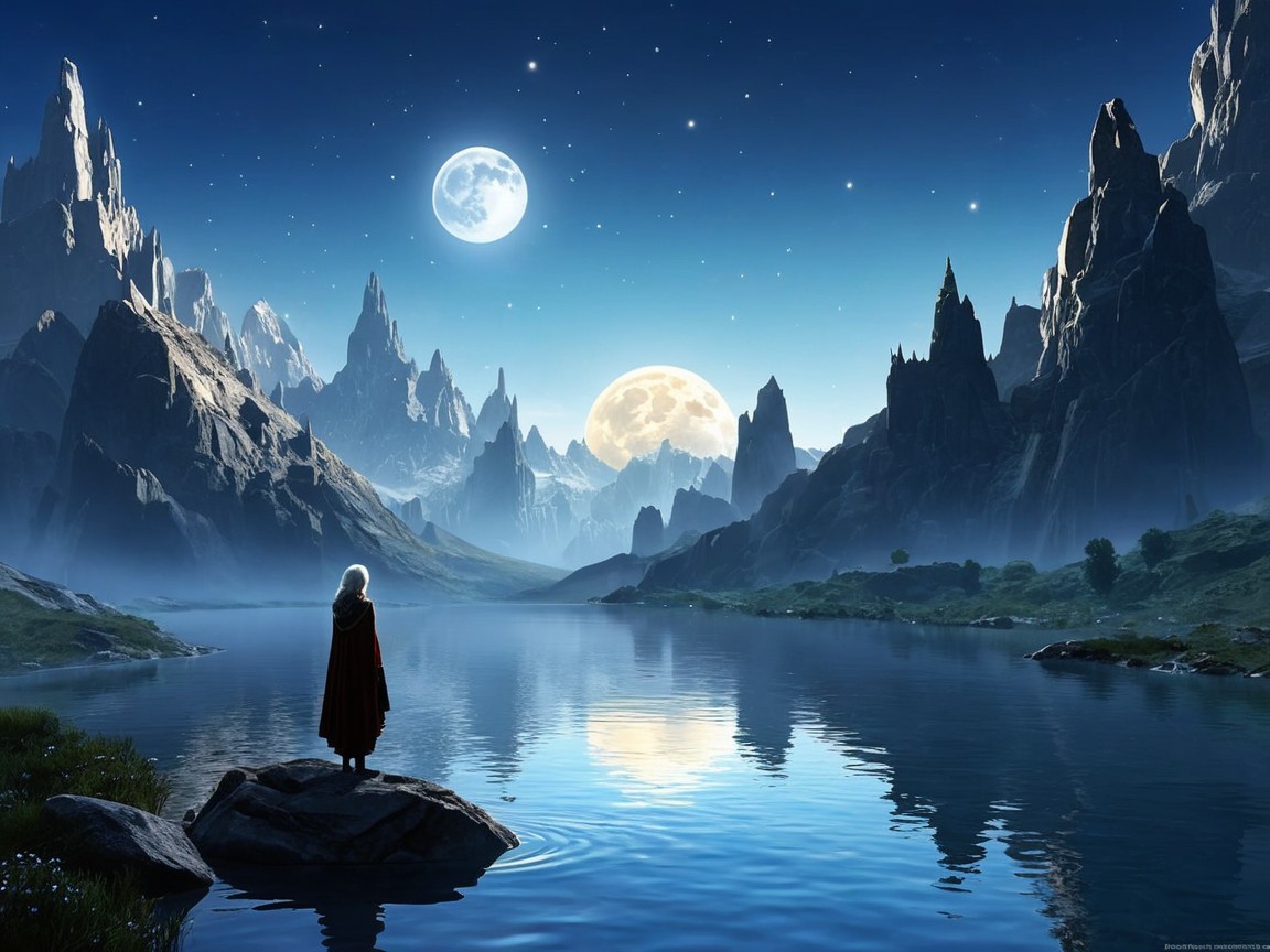 Twilight Landscape with Mountains and Two Moons