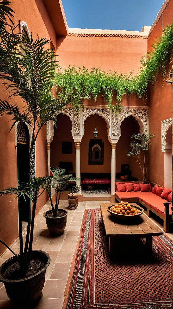 Serene courtyard with terracotta walls and arches