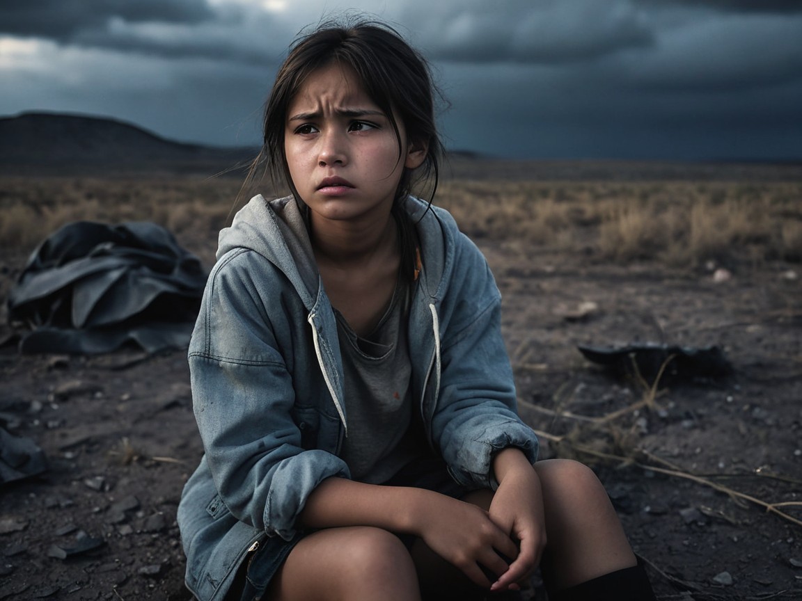 Young girl in barren landscape with storm clouds