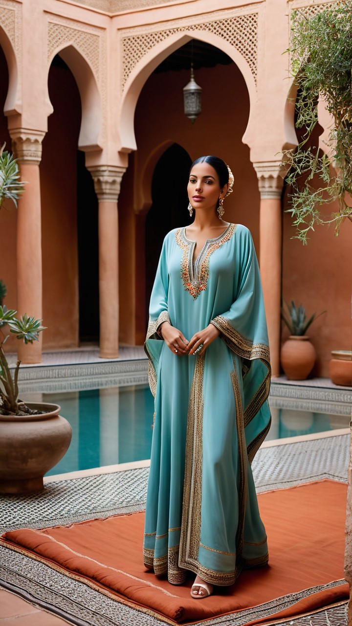 Elegant Woman in Turquoise Kaftan in Serene Courtyard