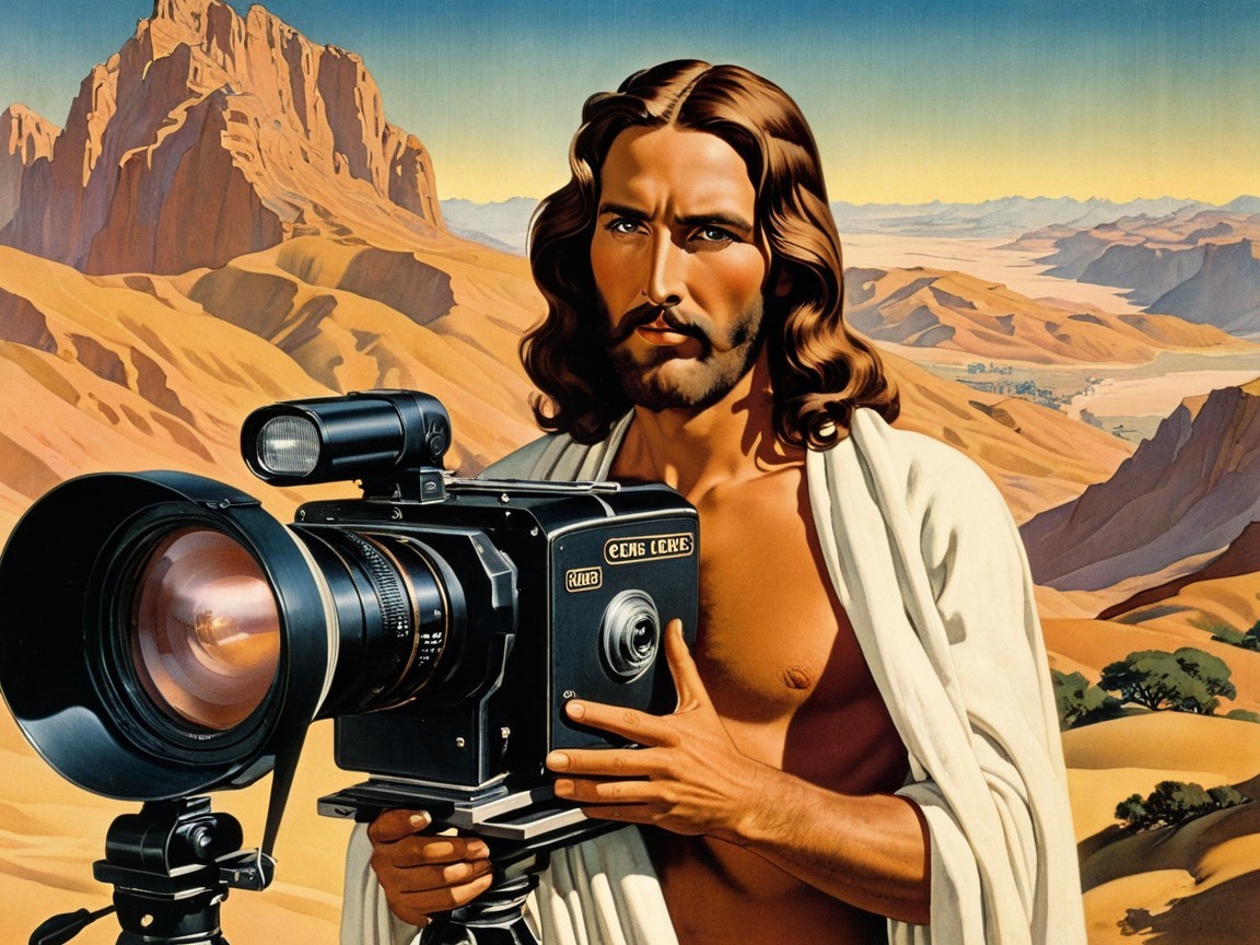 Man with Camera in Desert Landscape with Dramatic Sky