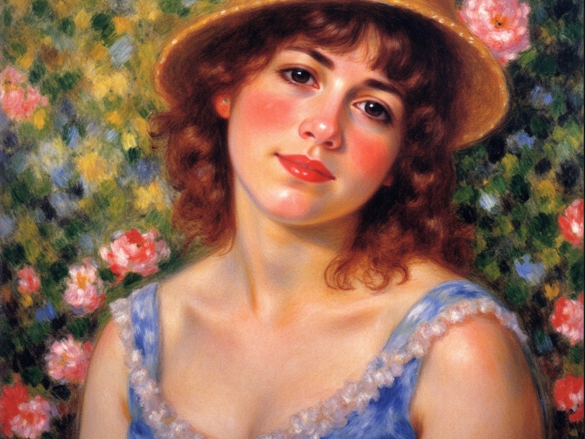 Young woman in blue dress with straw hat and roses