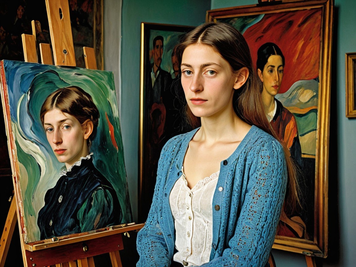 Young Woman Contemplating Portrait in Vibrant Studio