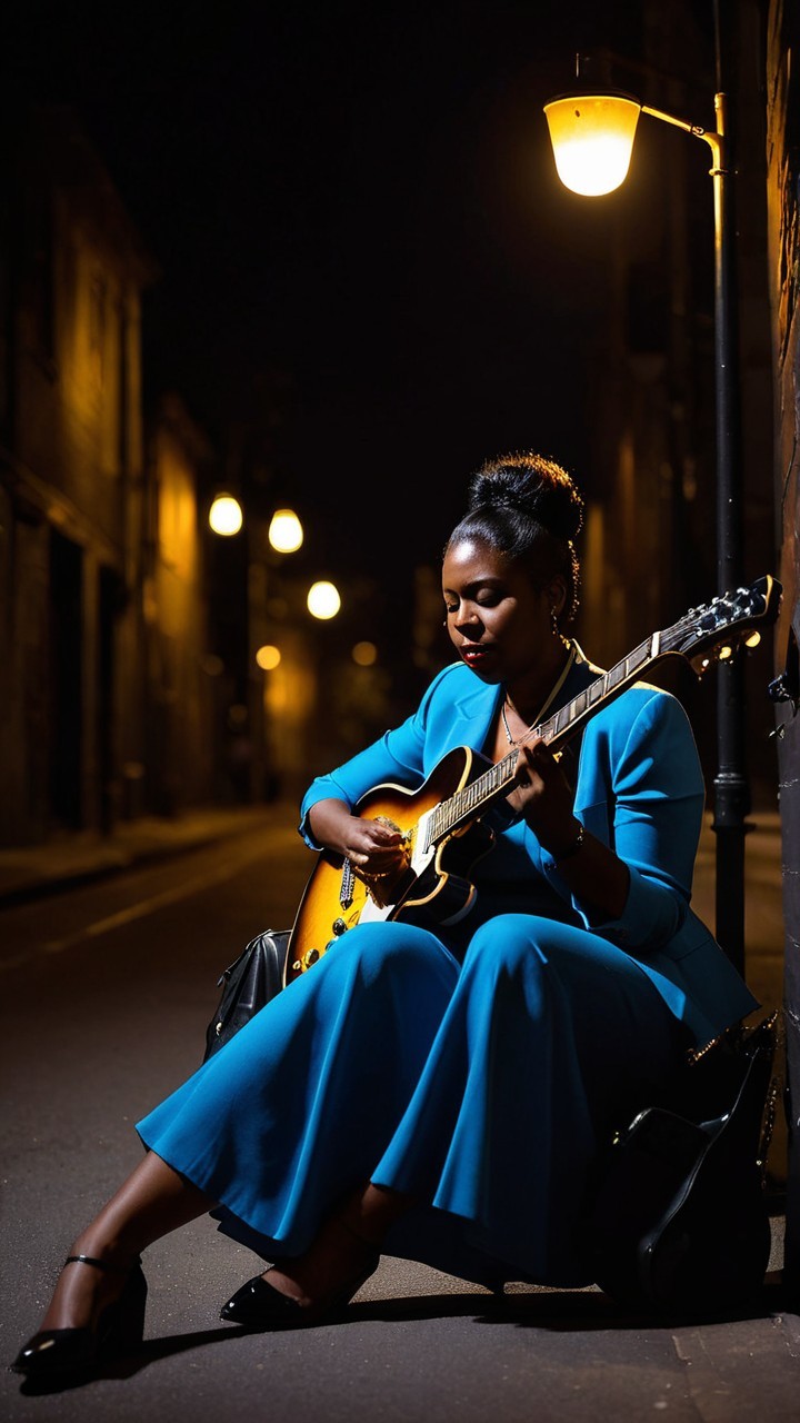 Woman in blue dress playing guitar on dim street