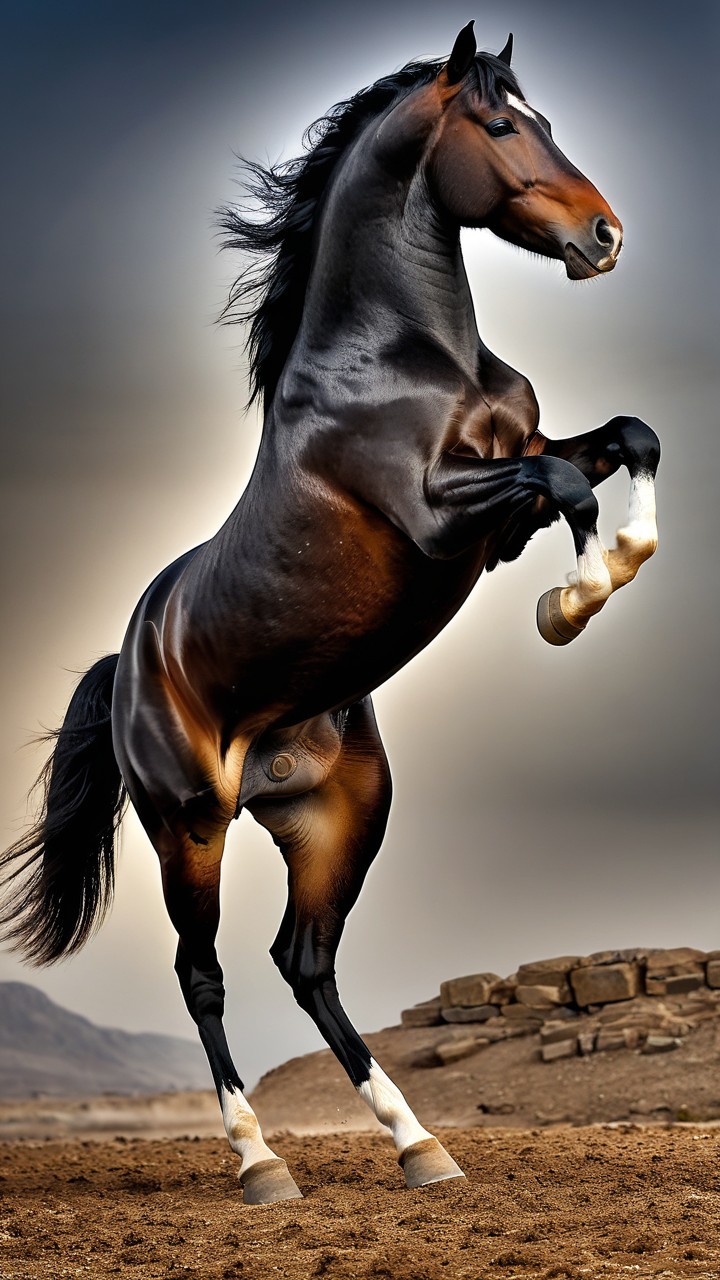 Majestic Black Horse Rearing Against Dramatic Sky