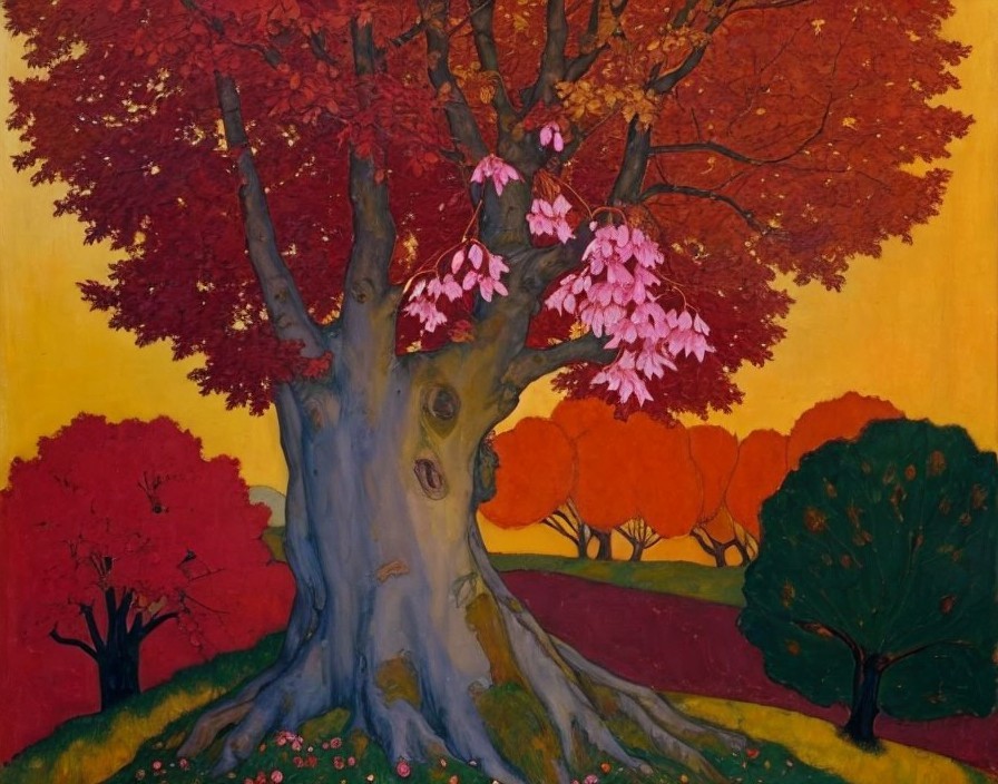 Majestic tree with pink blossoms in autumn colors