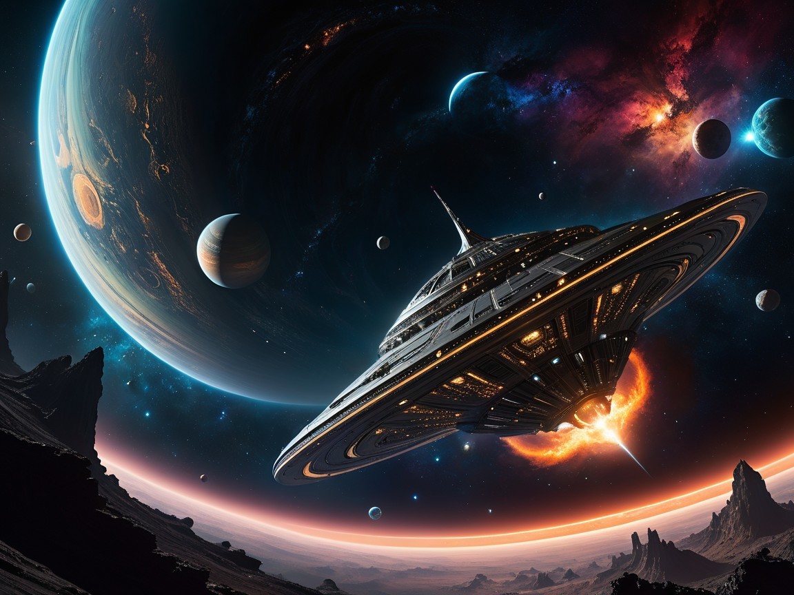 Majestic spaceship near a vibrant, multi-colored planet