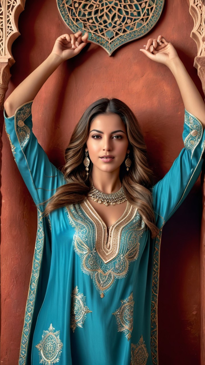 Elegant Woman in Turquoise Against Textured Orange Wall