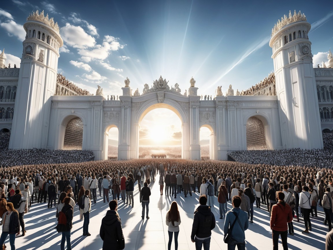 Grand White Archway with Crowd at Sunset Scene
