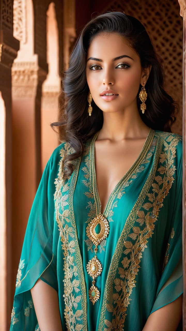 Woman in Emerald Gown with Gold Embroidery and Earrings