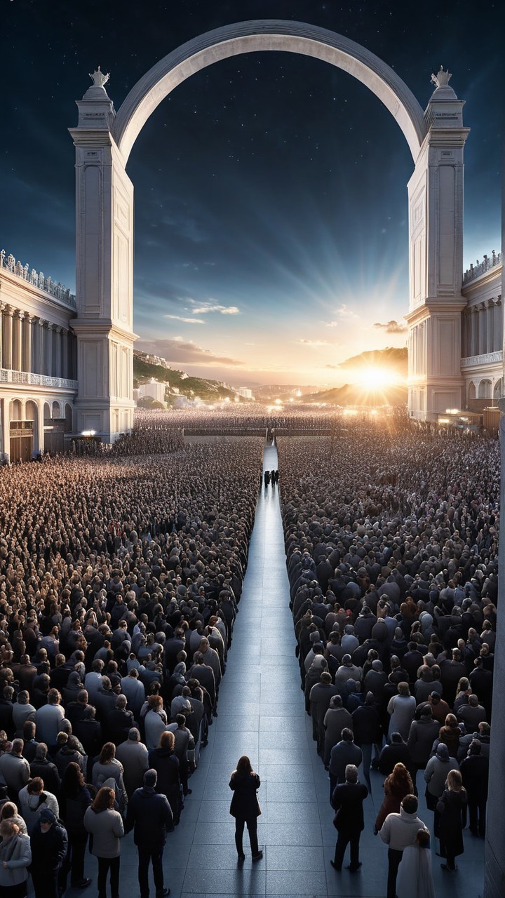 Crowd Assembles Under Majestic Archway at Sunrise
