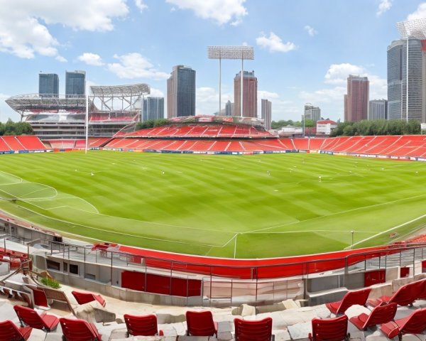 Panoramic View of an Empty Soccer Stadium with Skyscrapers