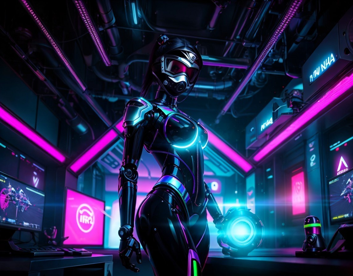 Futuristic humanoid in high-tech neon environment
