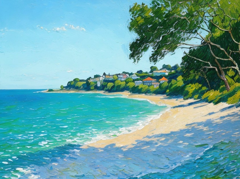 Vibrant Coastal Scene with Sandy Beach and Turquoise Waves