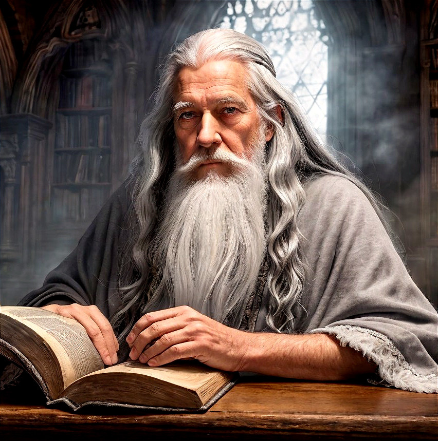 Elderly Man Reading Ancient Book in Scholarly Setting