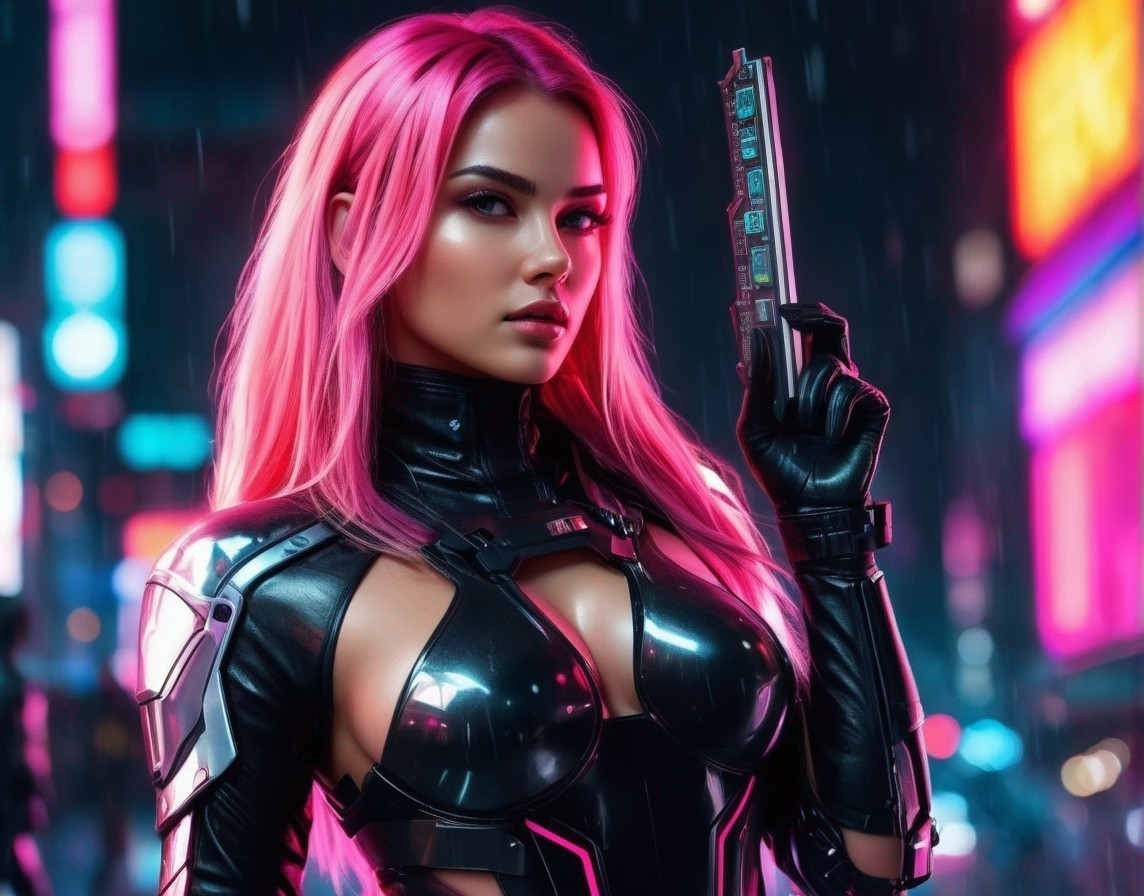 Female Figure in Neon-Lit Cyberpunk Urban Scene