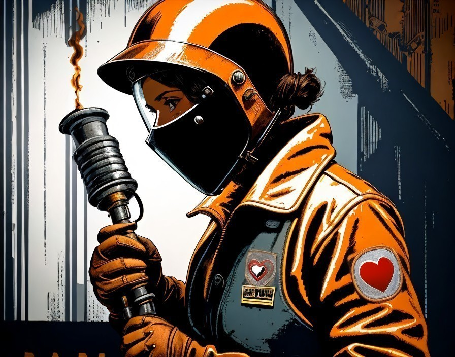 Female Welder in Orange and Black Outfit with Torch