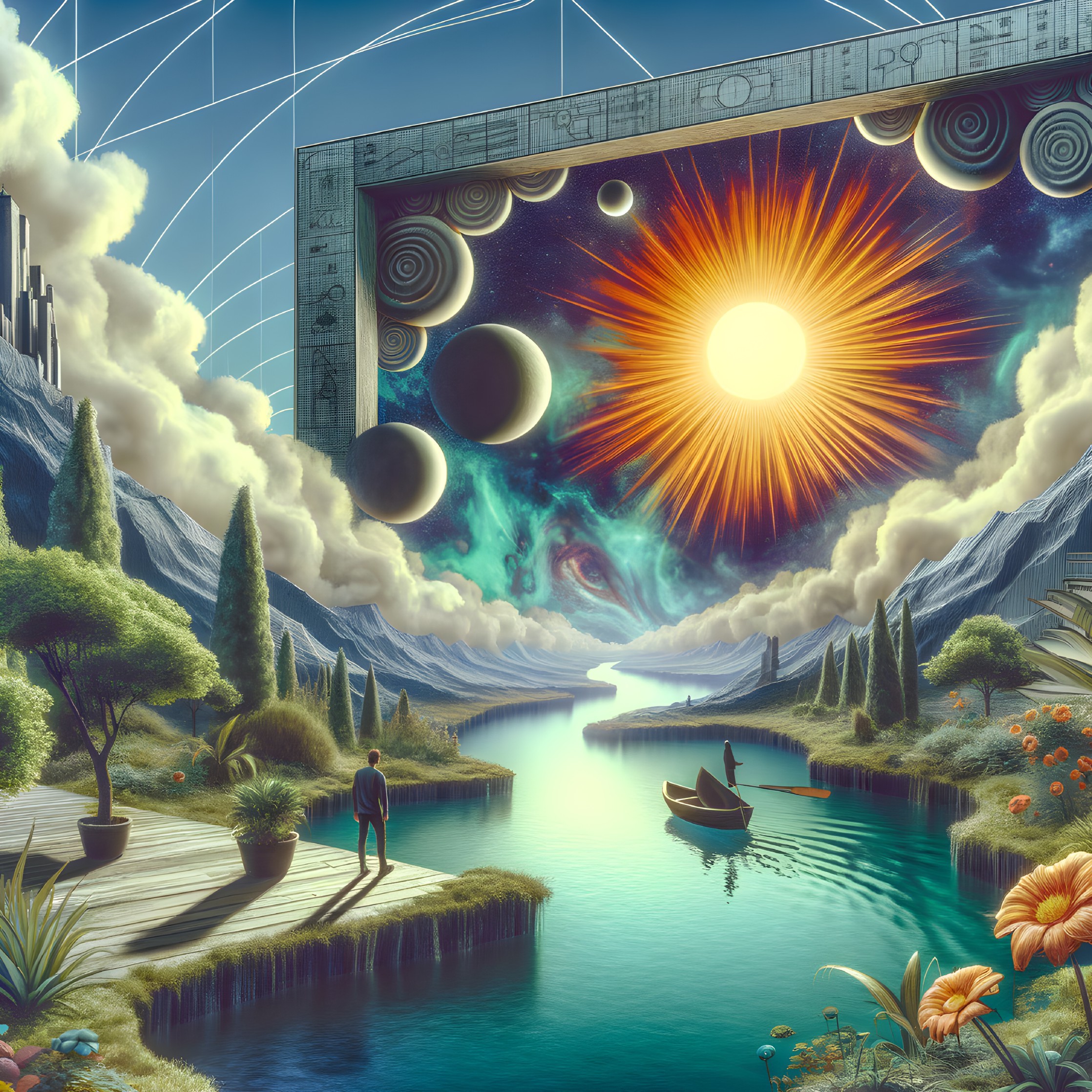 Surreal landscape with person, lake, boat, flora, cosmic backdrop, and stone structure