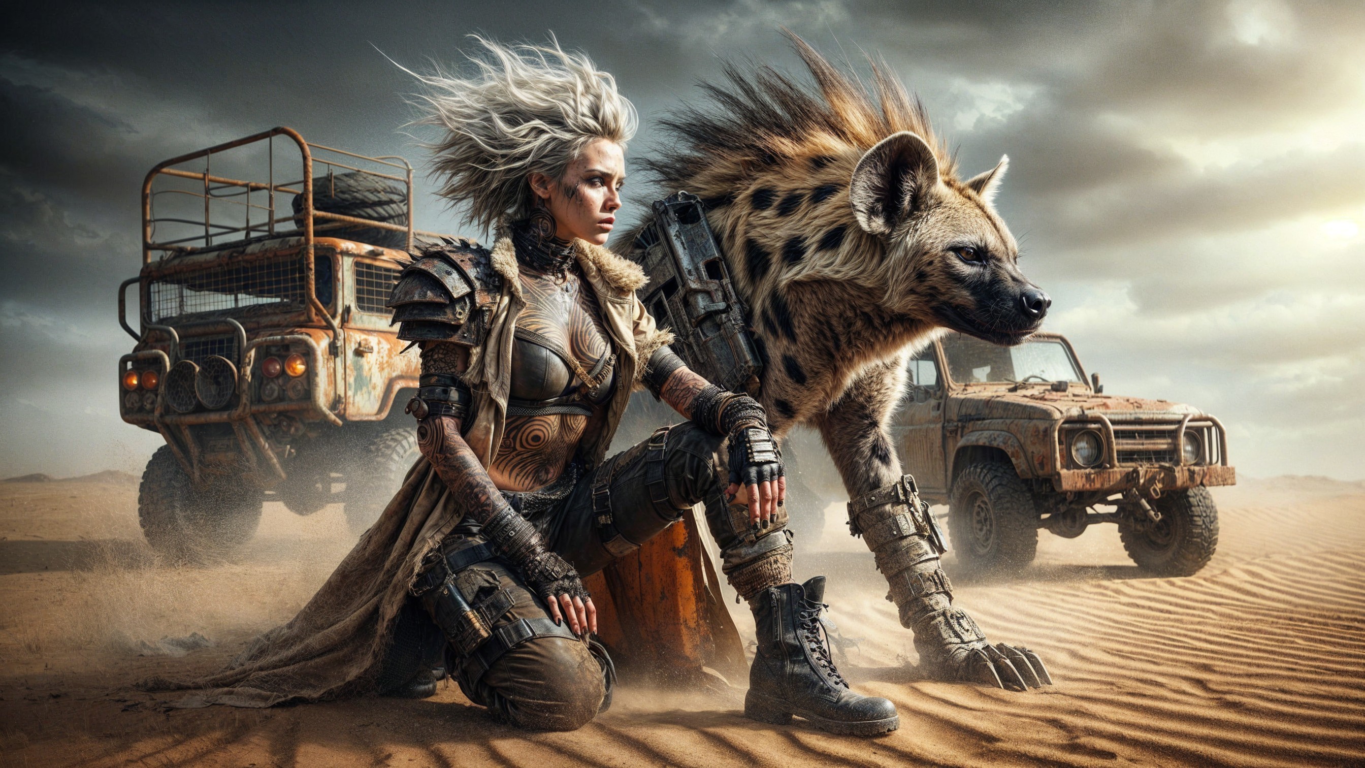 Warrior Woman and Hyena in Post-Apocalyptic Landscape