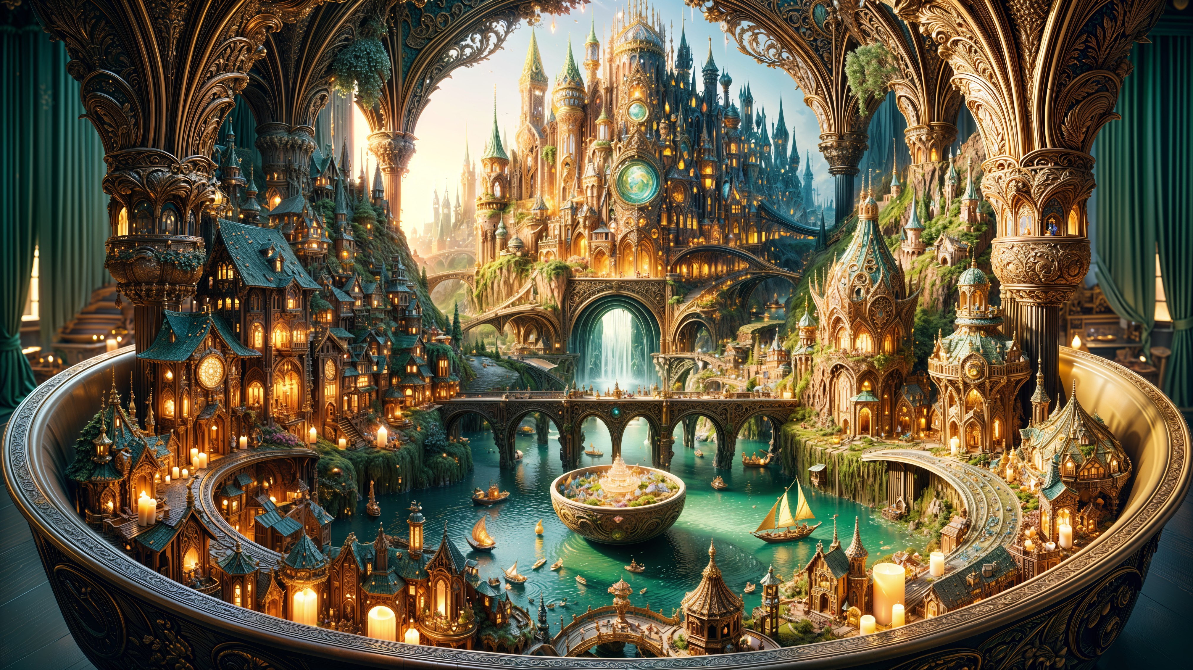 Whimsical Cityscape with Intricate Architecture and Waterfall