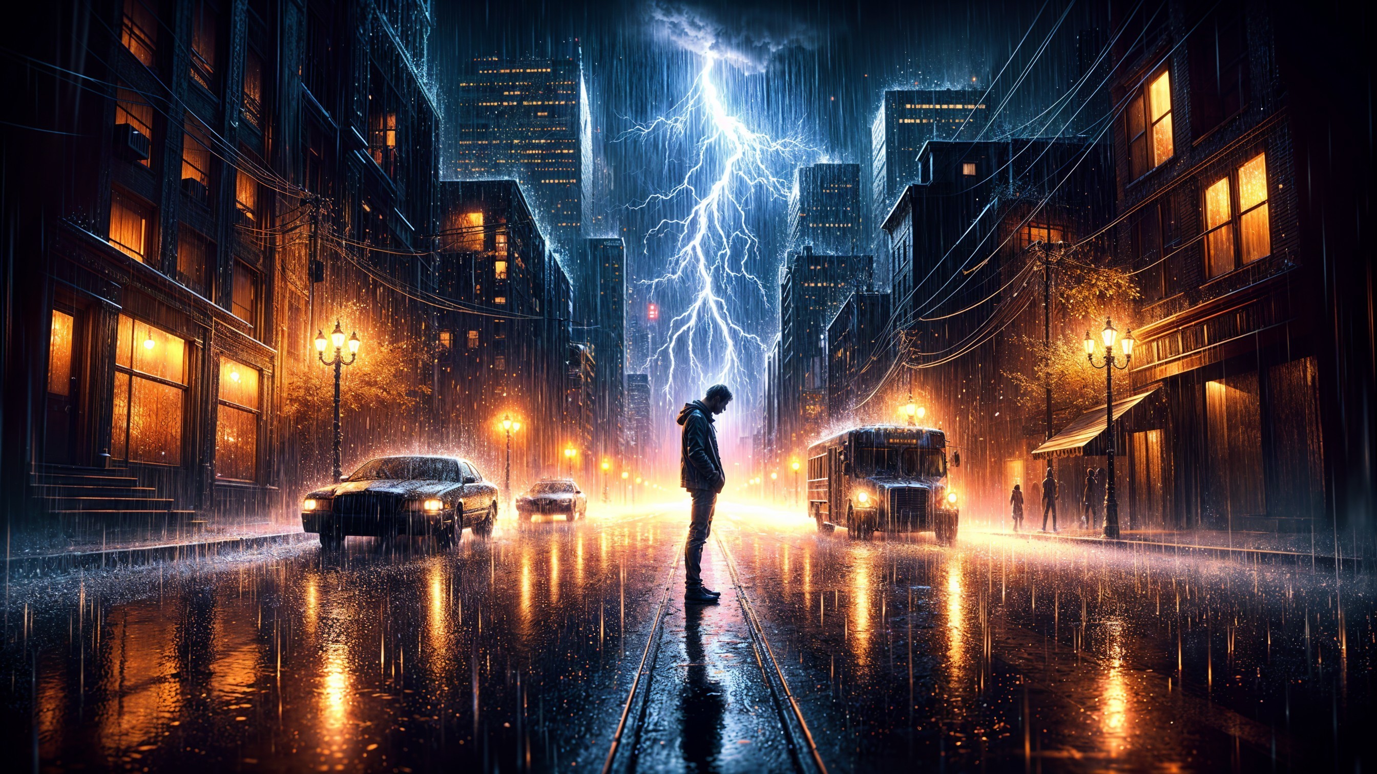 Lone Figure in Rainy Urban Night Scene