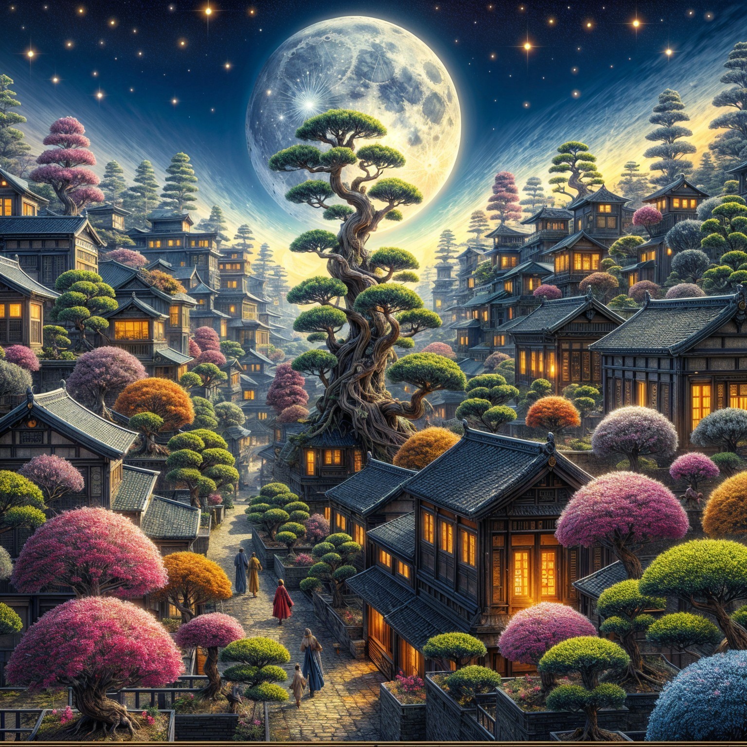 Enchanting Landscape with Cherry Blossoms and Moonlight