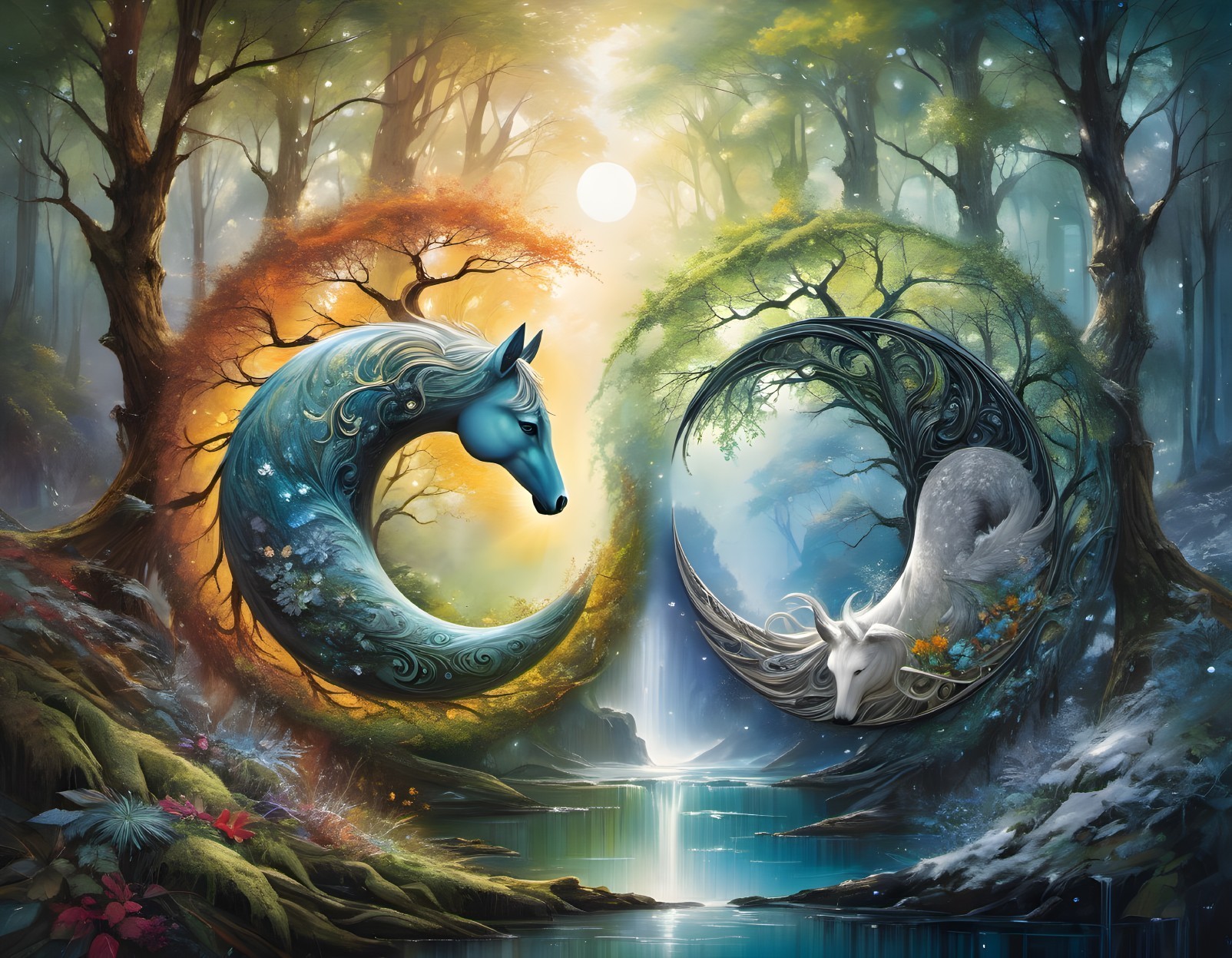 Elegant Horses in a Mystical Forest Setting
