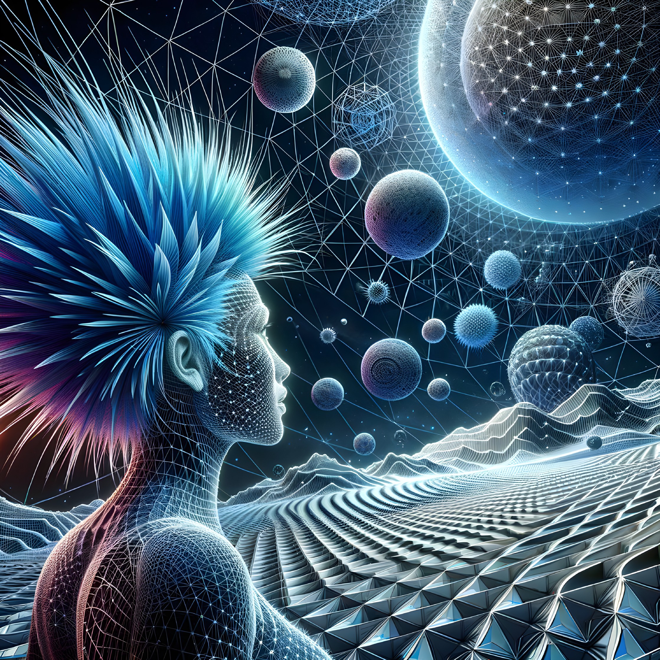 Futuristic Abstract Scene with Humanoid and Cosmic Elements