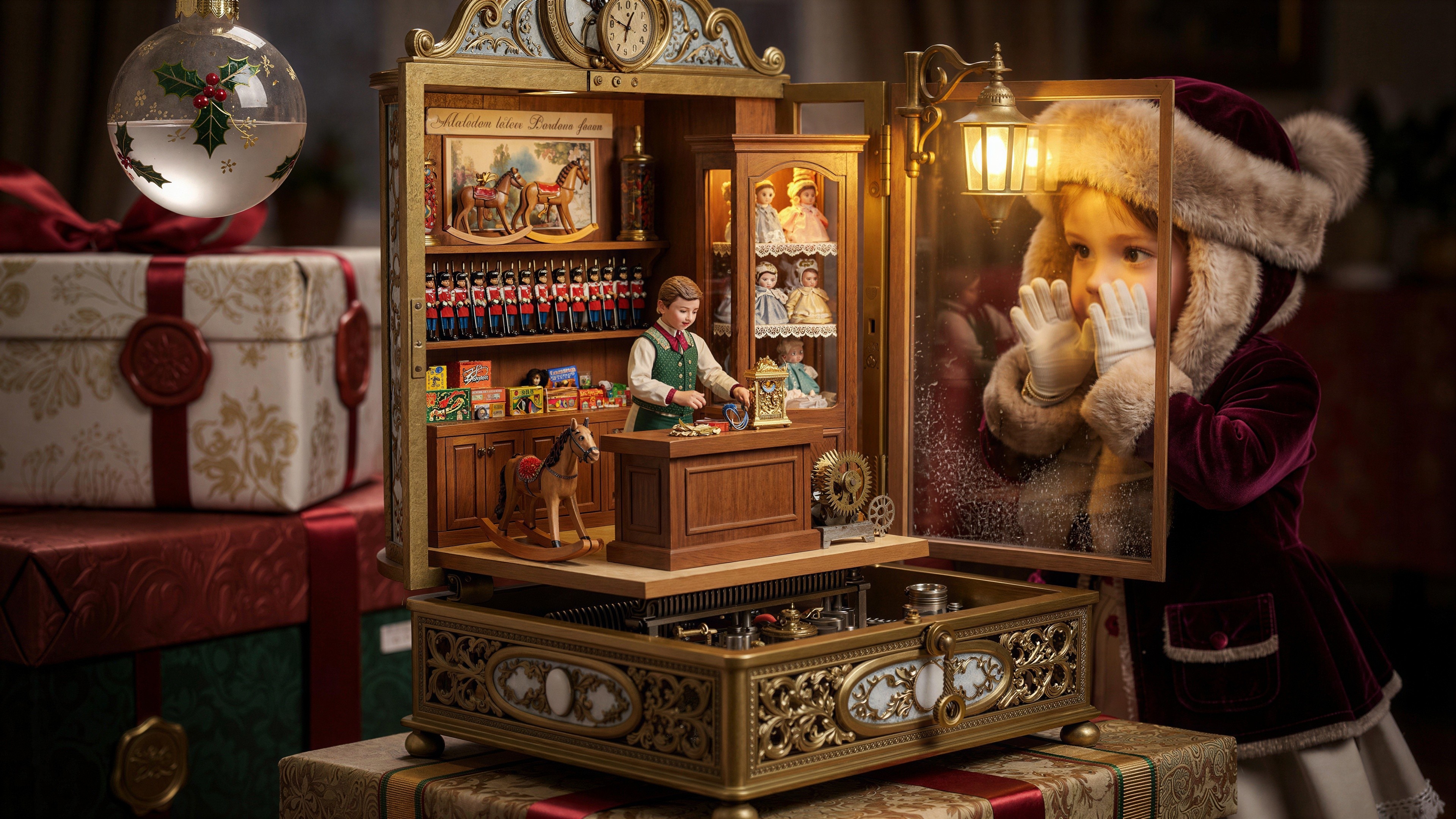 Miniature Christmas Music Box with Child and Toy Shop Scene